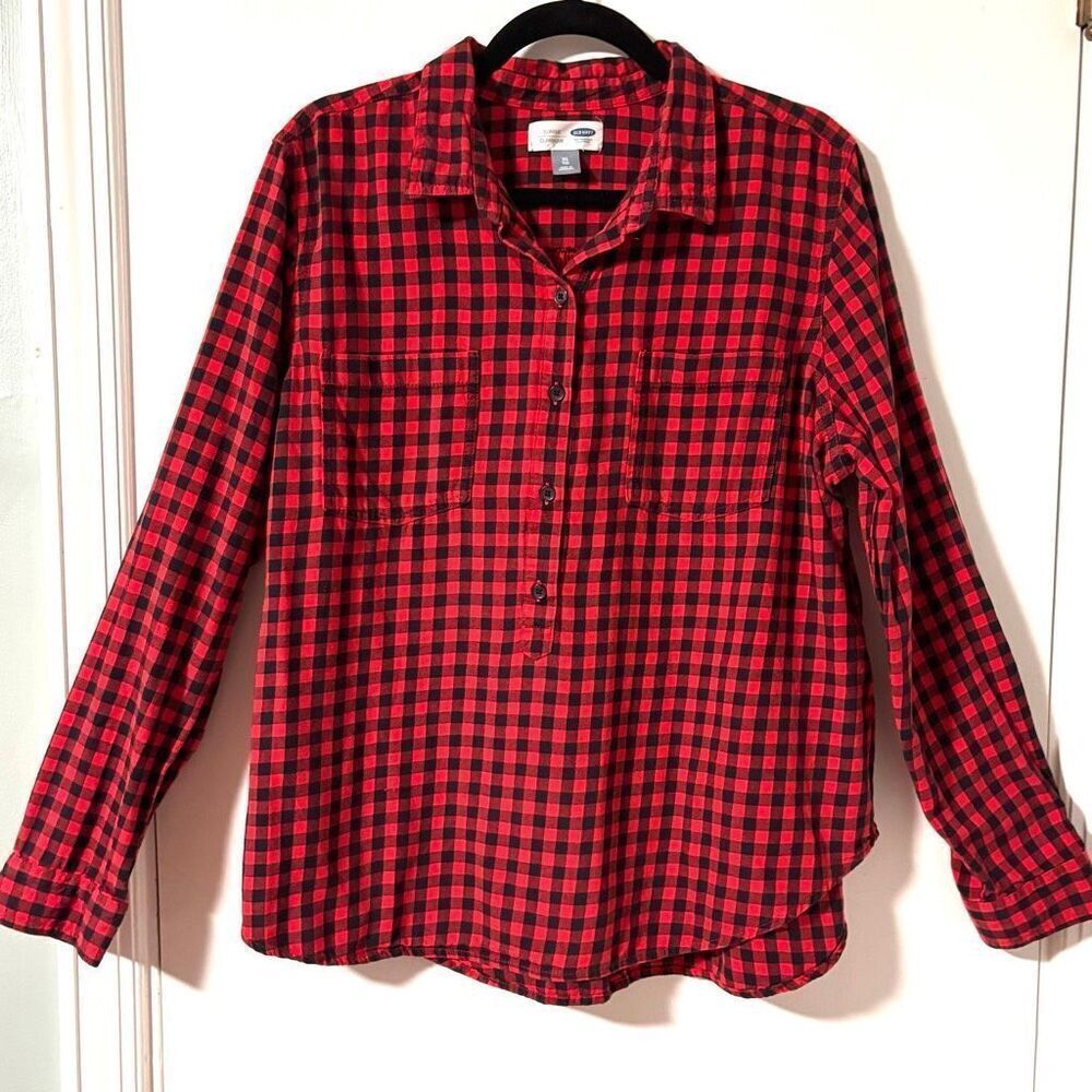 Old Navy XL red & black check flannel two pocket popover blouse shirt